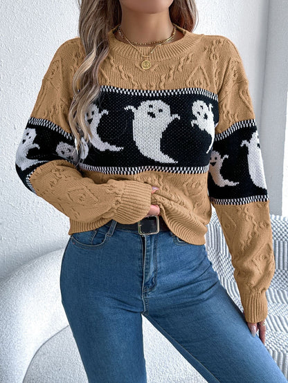 Dames Halloween Sweater met Ronde Hals, Spookprint en Lange Mouwen Khaki