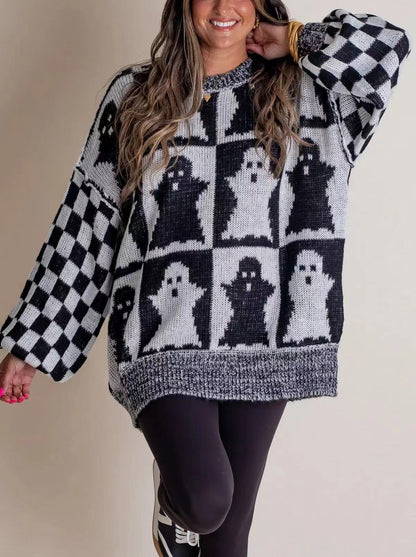 Dames Halloween Sweater Oversized met Geruit Patroon en Ronde Hals Zwart Wit