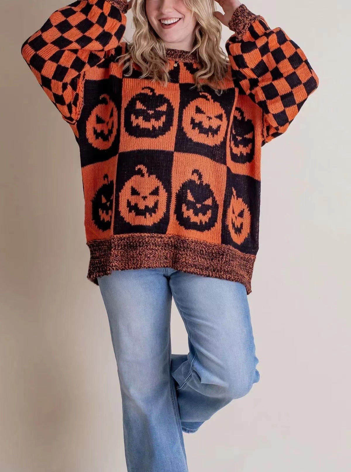Dames Halloween Sweater Oversized met Geruit Patroon en Ronde Hals Zwart Oranje