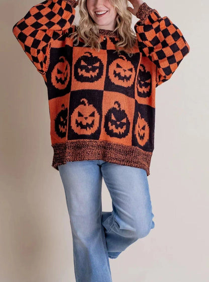 Dames Halloween Sweater Oversized met Geruit Patroon en Ronde Hals Zwart Oranje