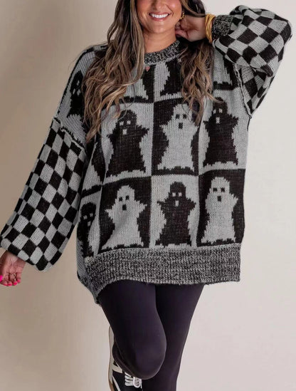 Dames Halloween Sweater Oversized met Geruit Patroon en Ronde Hals Donkergrijs