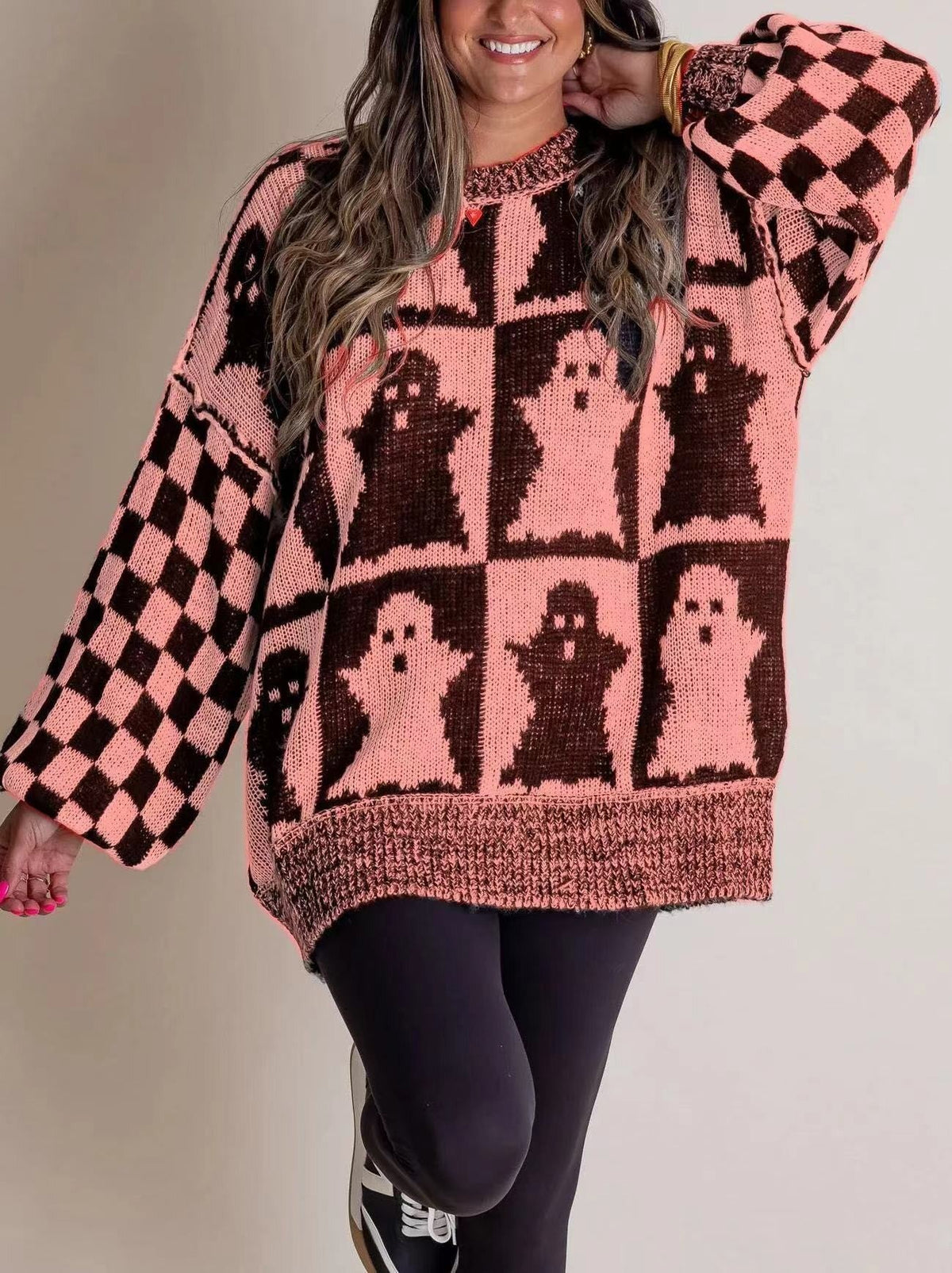 Dames Halloween Sweater Oversized met Geruit Patroon en Ronde Hals Roze