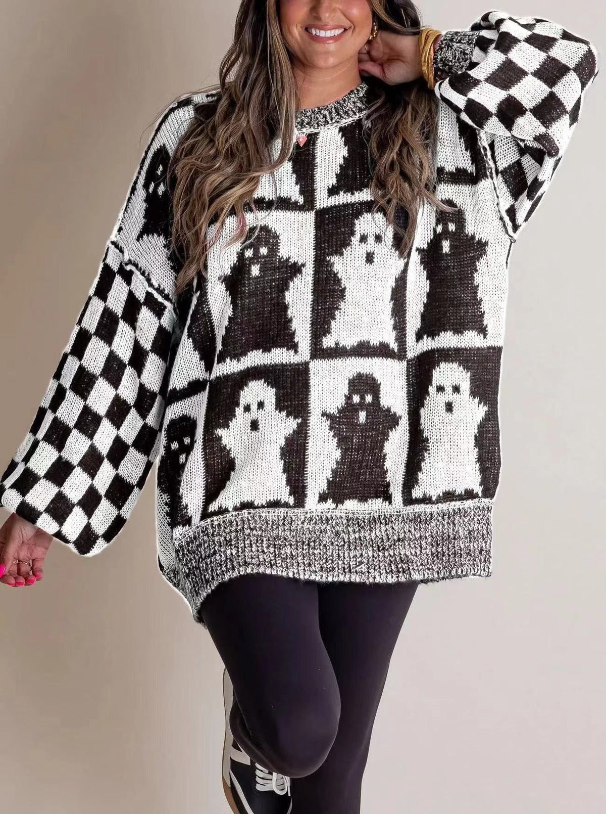 Dames Halloween Sweater Oversized met Geruit Patroon en Ronde Hals Wit