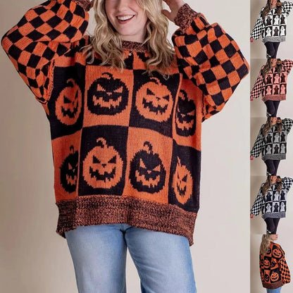 Dames Halloween Sweater Oversized met Geruit Patroon en Ronde Hals