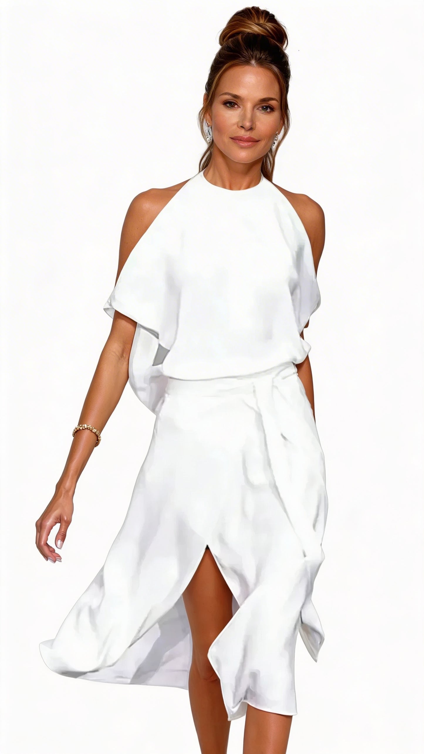 Dames Halter Midijurk met Open Schouders en Asymmetrische Zoom