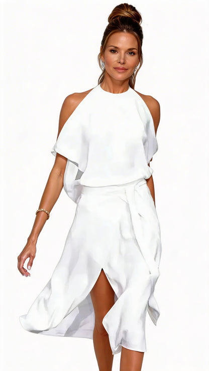 Dames Halter Midijurk met Open Schouders en Asymmetrische Zoom