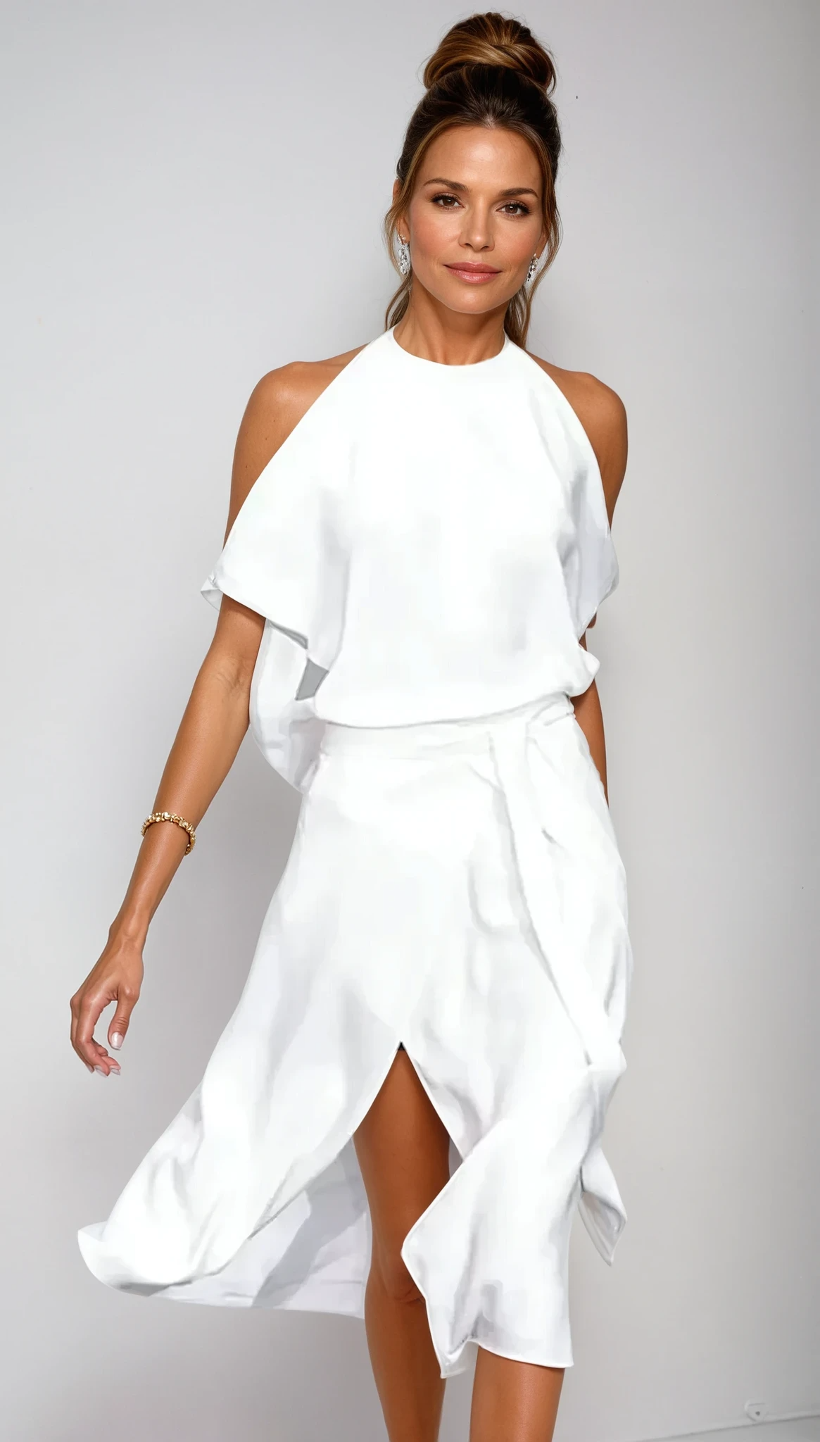 Dames Halter Midijurk met Open Schouders en Asymmetrische Zoom Wit