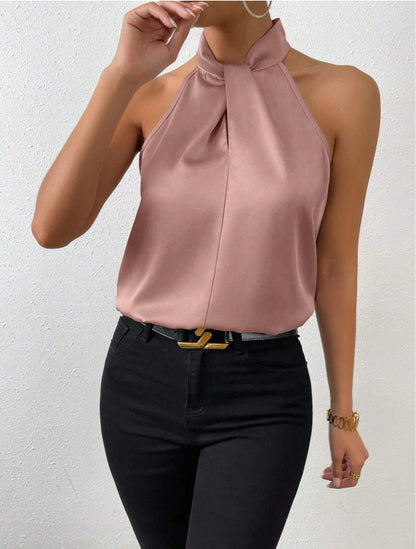 Dames Haltertop Mouwloos met Gedraaide Hals Roze