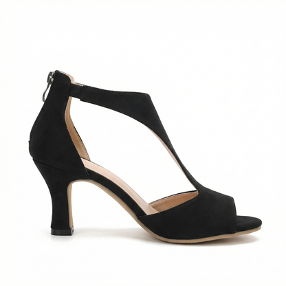 Dames High Heels met T-bandje en Peep Toe Ritssluiting Zwart