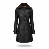 Dames Imitatieleren Jas met Shearling Kraag, Dubbele Knopenrij en Riemmanchetten