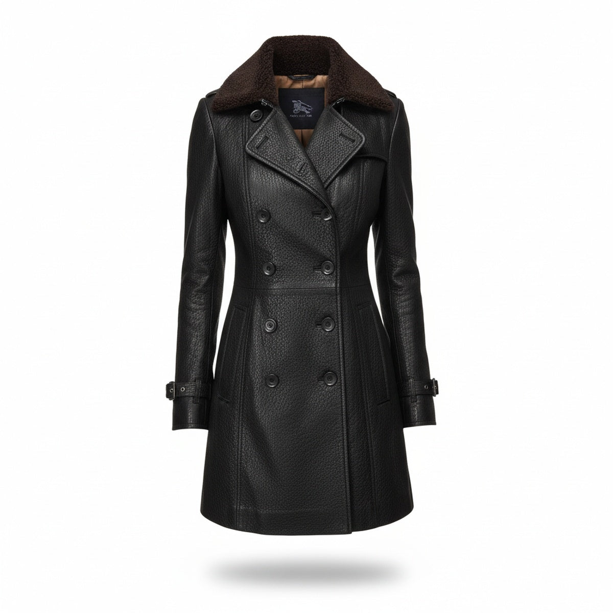 Dames Imitatieleren Jas met Shearling Kraag, Dubbele Knopenrij en Riemmanchetten Zwart