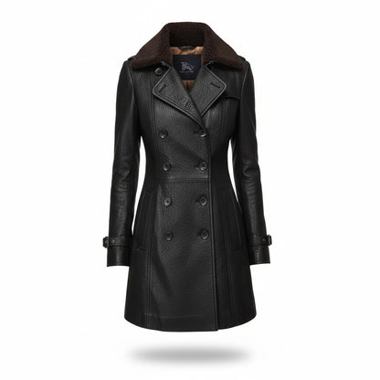 Dames Imitatieleren Jas met Shearling Kraag, Dubbele Knopenrij en Riemmanchetten Zwart