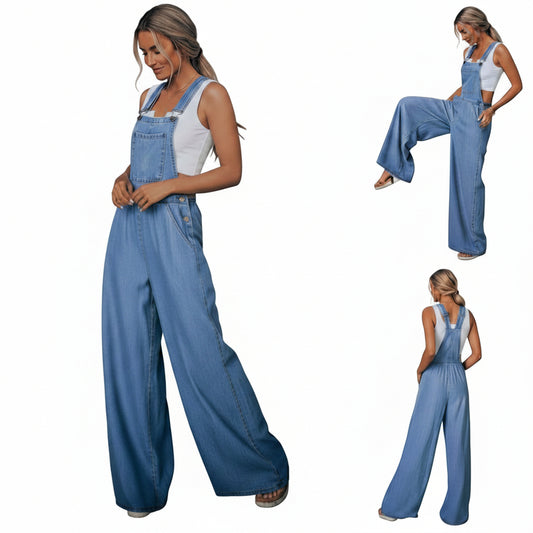 Dames Jeans Jumpsuit met Bretels en Wijde Pijpen