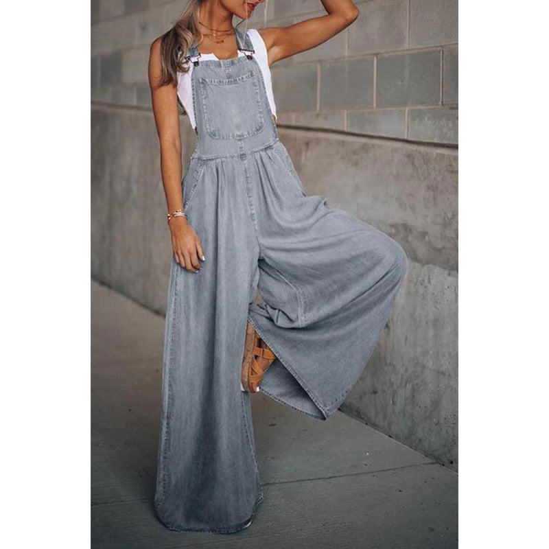 Dames Jeans Jumpsuit met Bretels en Wijde Pijpen Grijs