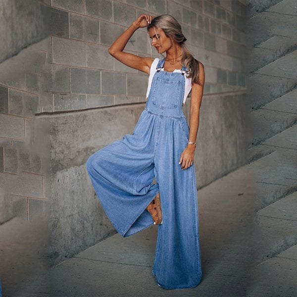 Dames Jeans Jumpsuit met Bretels en Wijde Pijpen