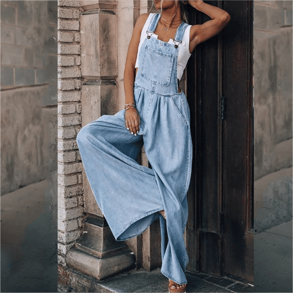 Dames Jeans Jumpsuit met Bretels en Wijde Pijpen Lichtblauw