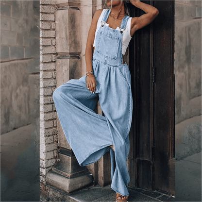 Dames Jeans Jumpsuit met Bretels en Wijde Pijpen Lichtblauw