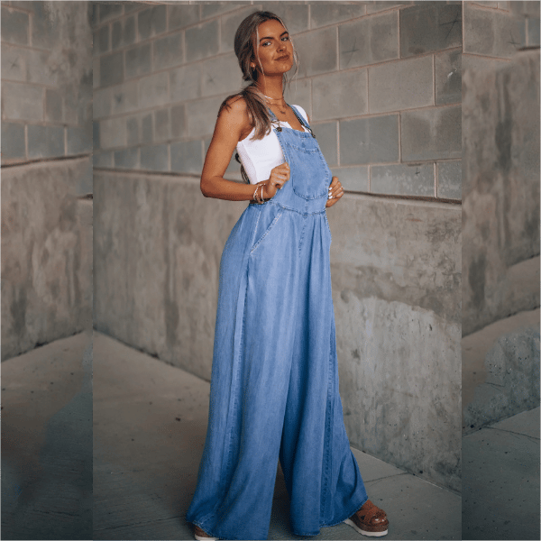 Dames Jeans Jumpsuit met Bretels en Wijde Pijpen