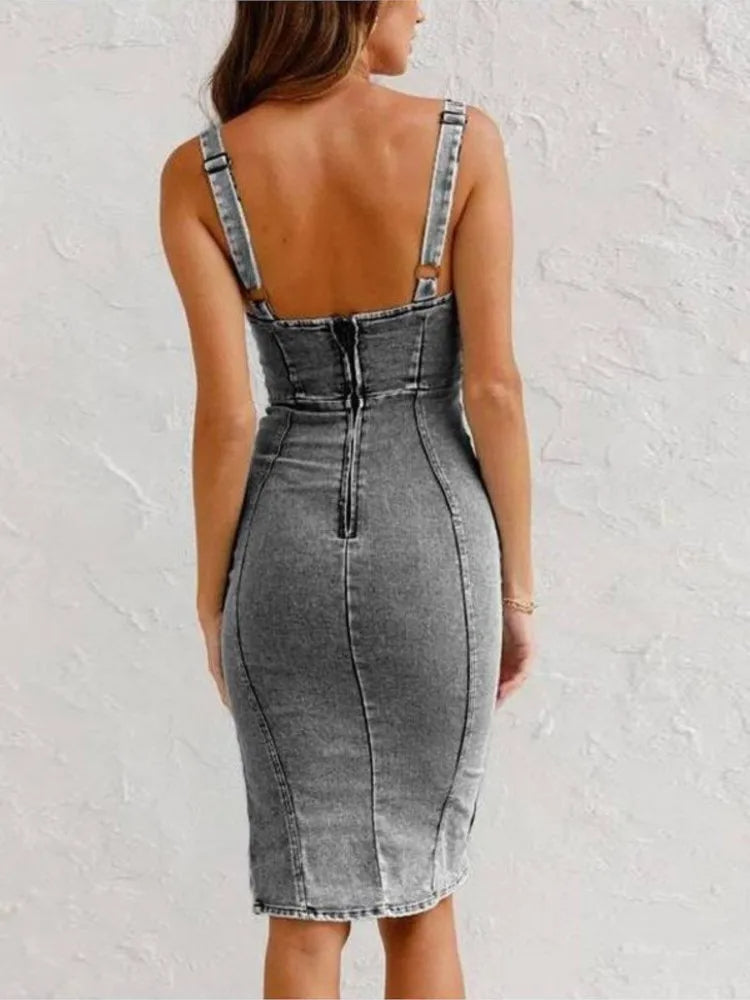 Dames Jeans Jurk Mouwloos met Verstelbare Bandjes en Zijsplit