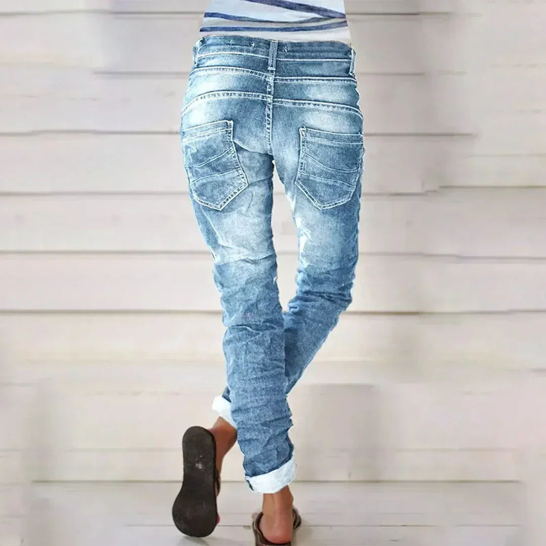 Dames Jeans met Knoopsluiting en Opgerolde Pijpen