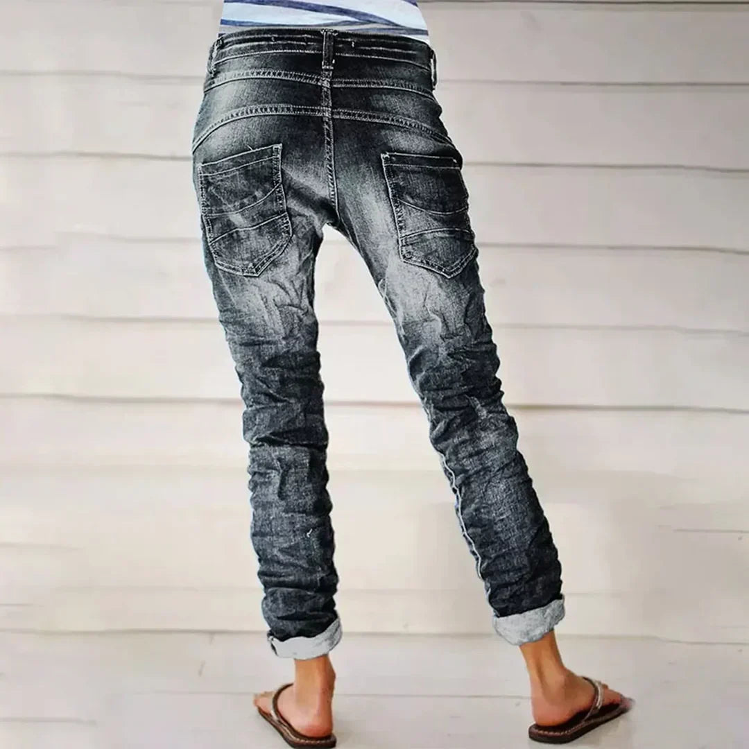 Dames Jeans met Knoopsluiting en Opgerolde Pijpen