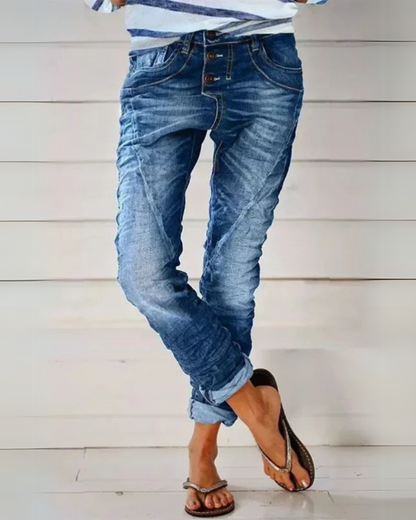 Dames Jeans met Knoopsluiting en Opgerolde Pijpen