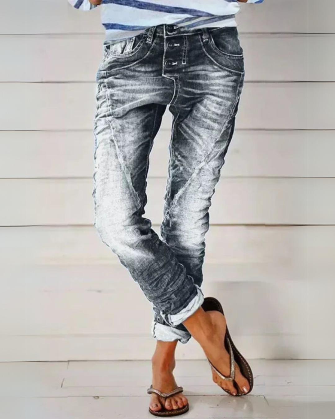 Dames Jeans met Knoopsluiting en Opgerolde Pijpen