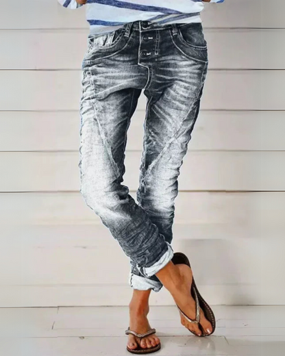 Dames Jeans met Knoopsluiting en Opgerolde Pijpen
