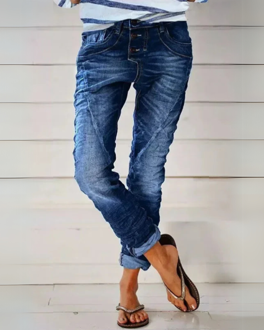 Dames Jeans met Knoopsluiting en Opgerolde Pijpen