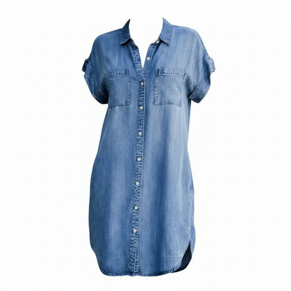 Dames Jeans Shirtjurk Korte Mouw met Knoopsluiting en Borstzakken