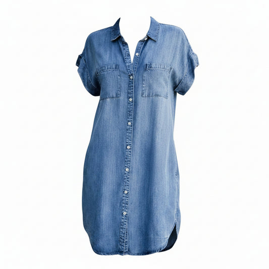 Dames Jeans Shirtjurk Korte Mouw met Knoopsluiting en Borstzakken