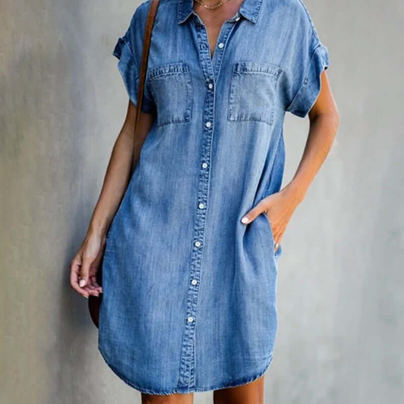 Dames Jeans Shirtjurk Korte Mouw met Knoopsluiting en Borstzakken Lichtblauw