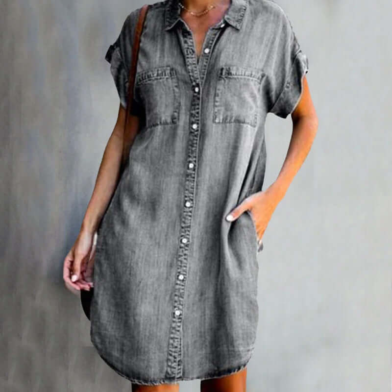 Dames Jeans Shirtjurk Korte Mouw met Knoopsluiting en Borstzakken Grijs