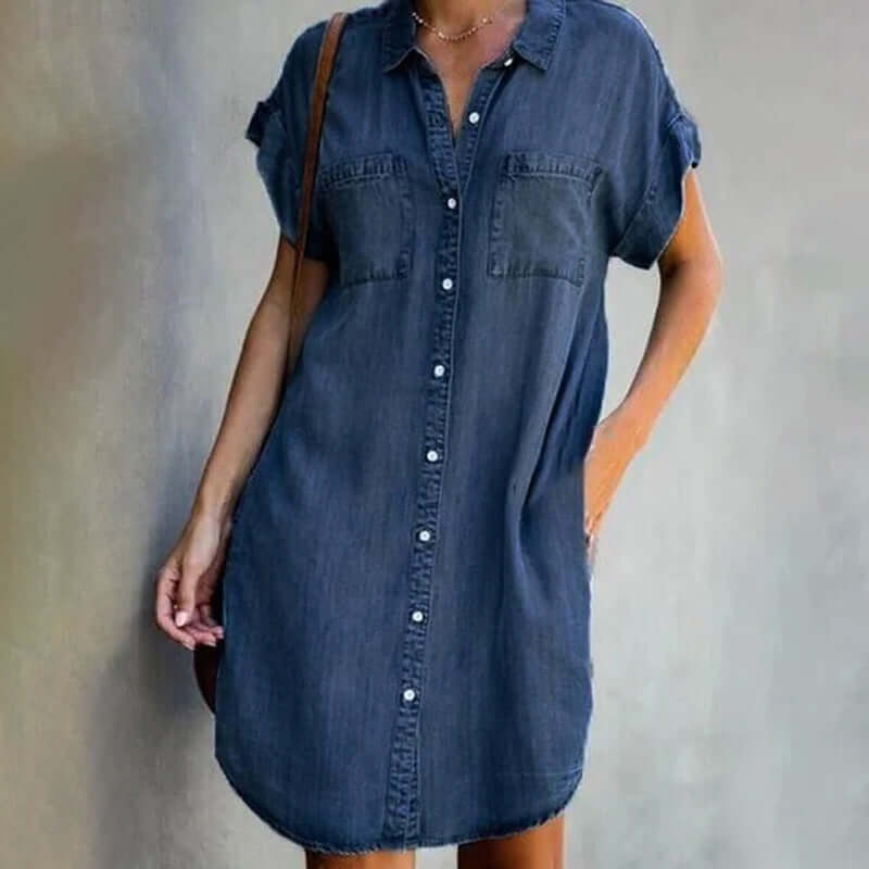 Dames Jeans Shirtjurk Korte Mouw met Knoopsluiting en Borstzakken Marineblauw
