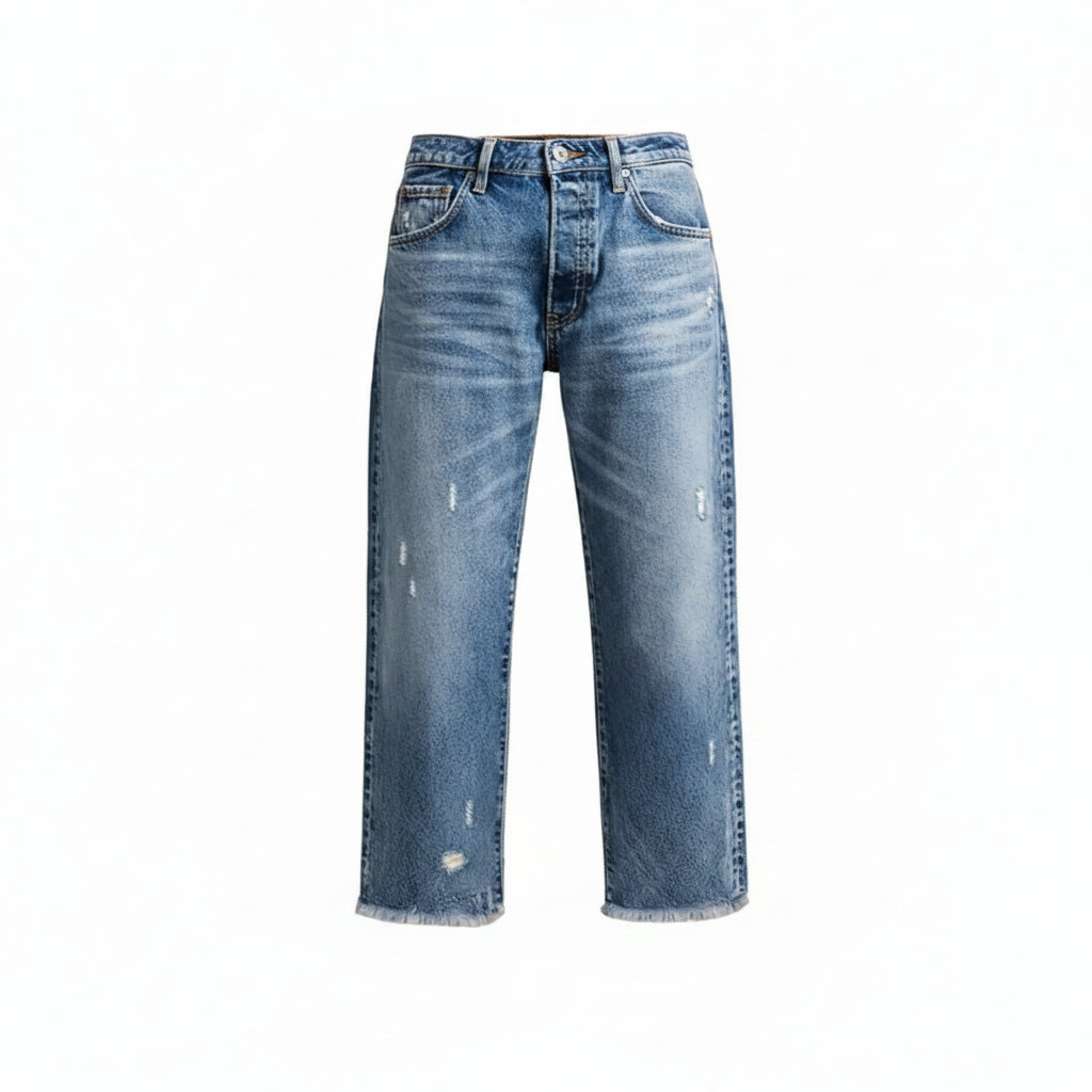 Dames Jeans Straight Fit met Destroyed Details en Gerafelde Zoom