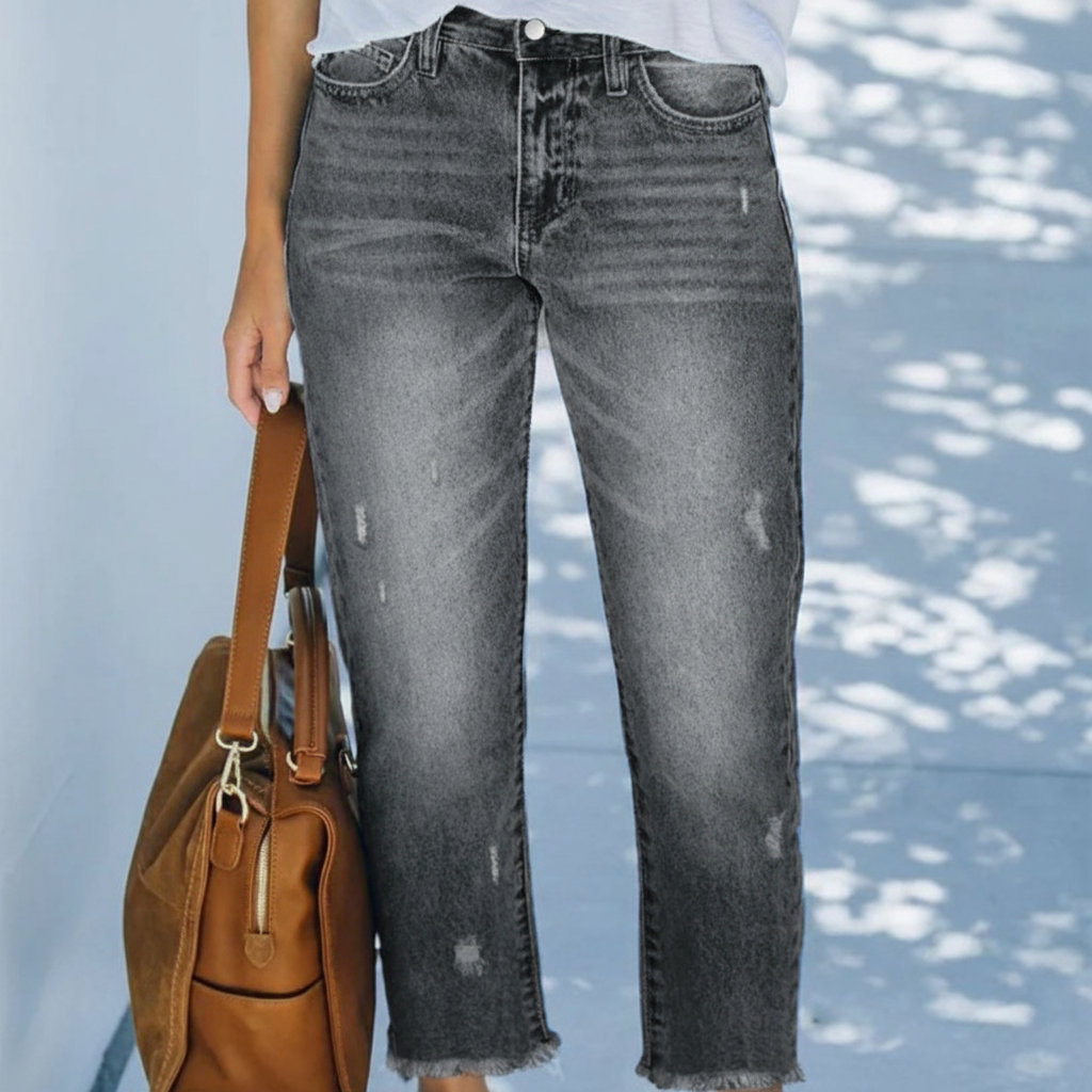 Dames Jeans Straight Fit met Destroyed Details en Gerafelde Zoom Grijs