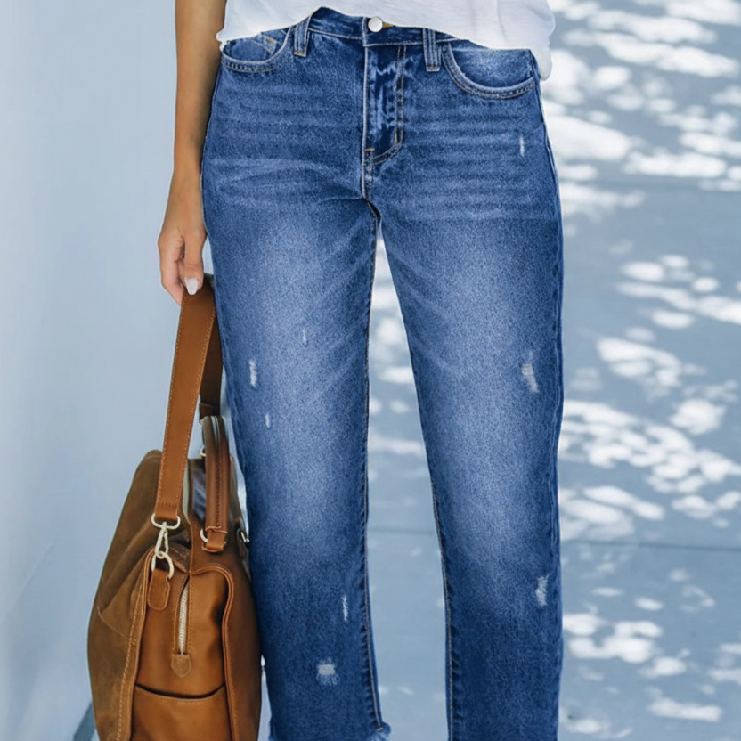 Dames Jeans Straight Fit met Destroyed Details en Gerafelde Zoom Donkerblauw