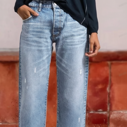 Dames Jeans Straight Fit met Destroyed Details en Gerafelde Zoom Lichtblauw