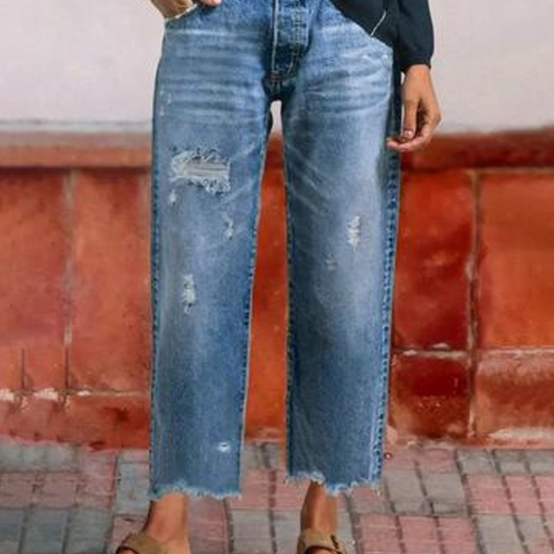 Dames Jeans Straight Fit met Destroyed Details en Gerafelde Zoom