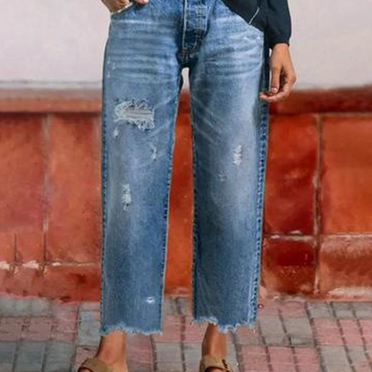 Dames Jeans Straight Fit met Destroyed Details en Gerafelde Zoom