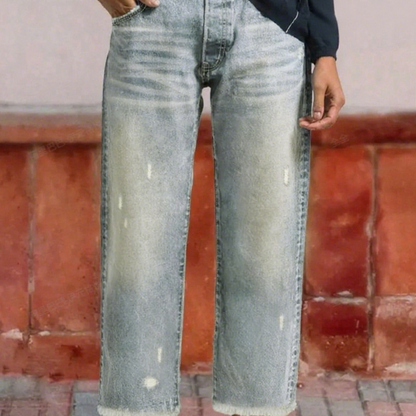 Dames Jeans Straight Fit met Destroyed Details en Gerafelde Zoom Vintage Blauw