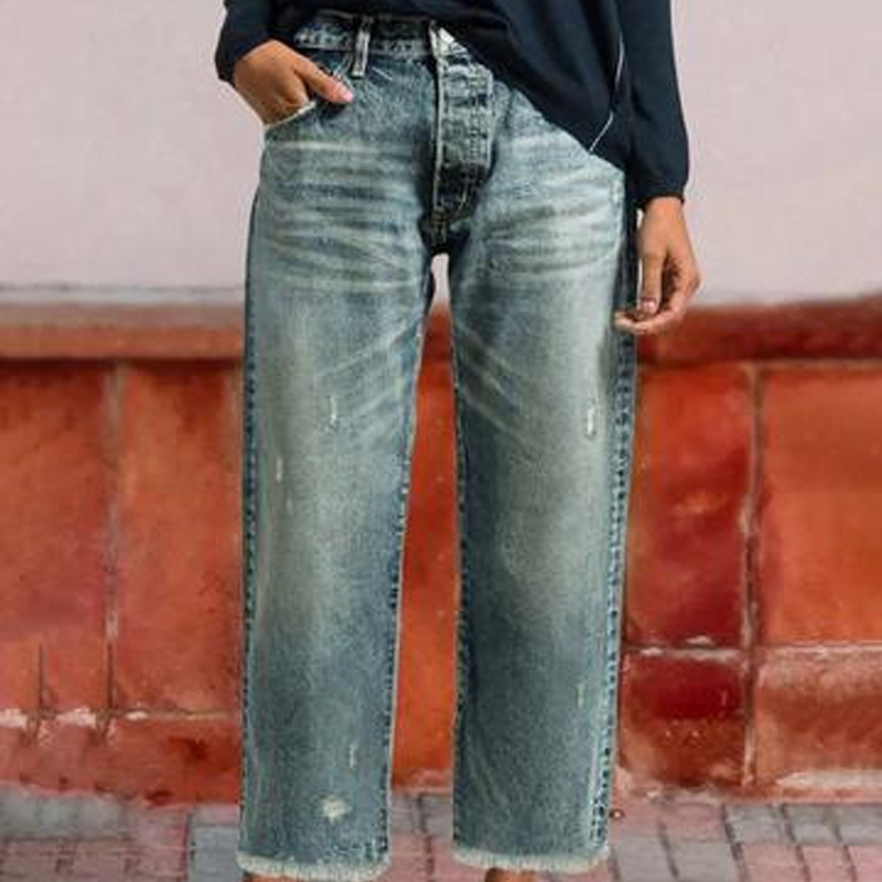 Dames Jeans Straight Fit met Destroyed Details en Gerafelde Zoom Middenblauw