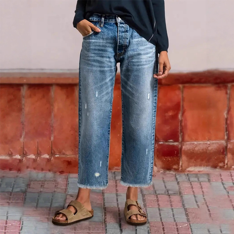 Dames Jeans Straight Fit met Destroyed Details en Gerafelde Zoom Klassiek Blauw
