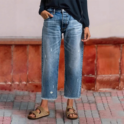 Dames Jeans Straight Fit met Destroyed Details en Gerafelde Zoom Klassiek Blauw