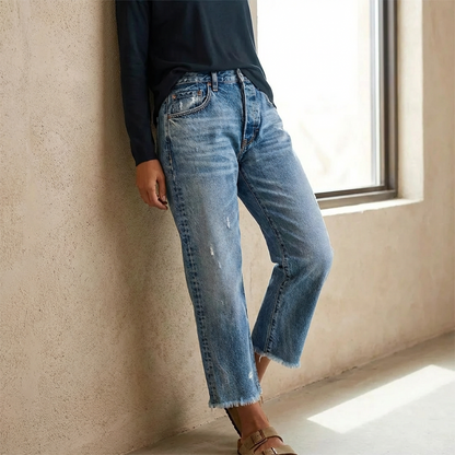Dames Jeans Straight Fit met Destroyed Details en Gerafelde Zoom