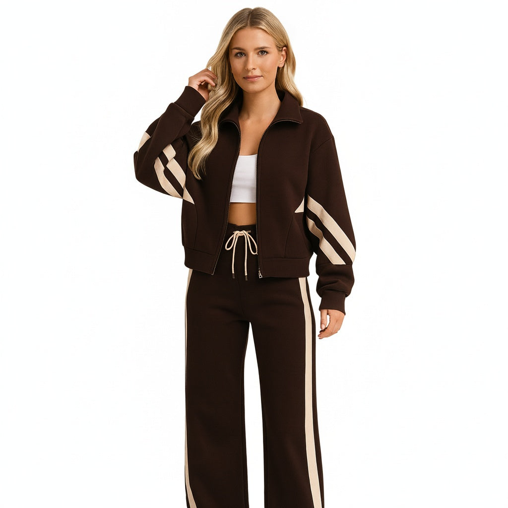 Dames Jogging Suit met Cropped Zip Jacket en Zijstrepen en Wide-Leg Broek
