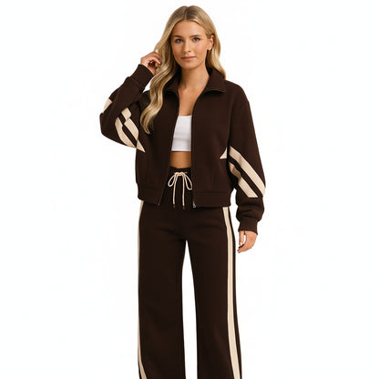 Dames Jogging Suit met Cropped Zip Jacket en Zijstrepen en Wide-Leg Broek
