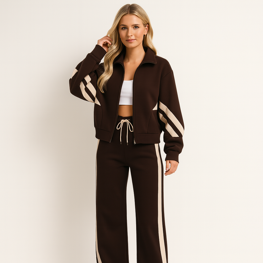 Dames Jogging Suit met Cropped Zip Jacket en Zijstrepen en Wide-Leg Broek Bruin