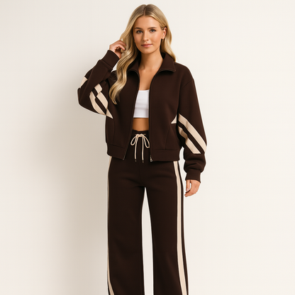 Dames Jogging Suit met Cropped Zip Jacket en Zijstrepen en Wide-Leg Broek Bruin