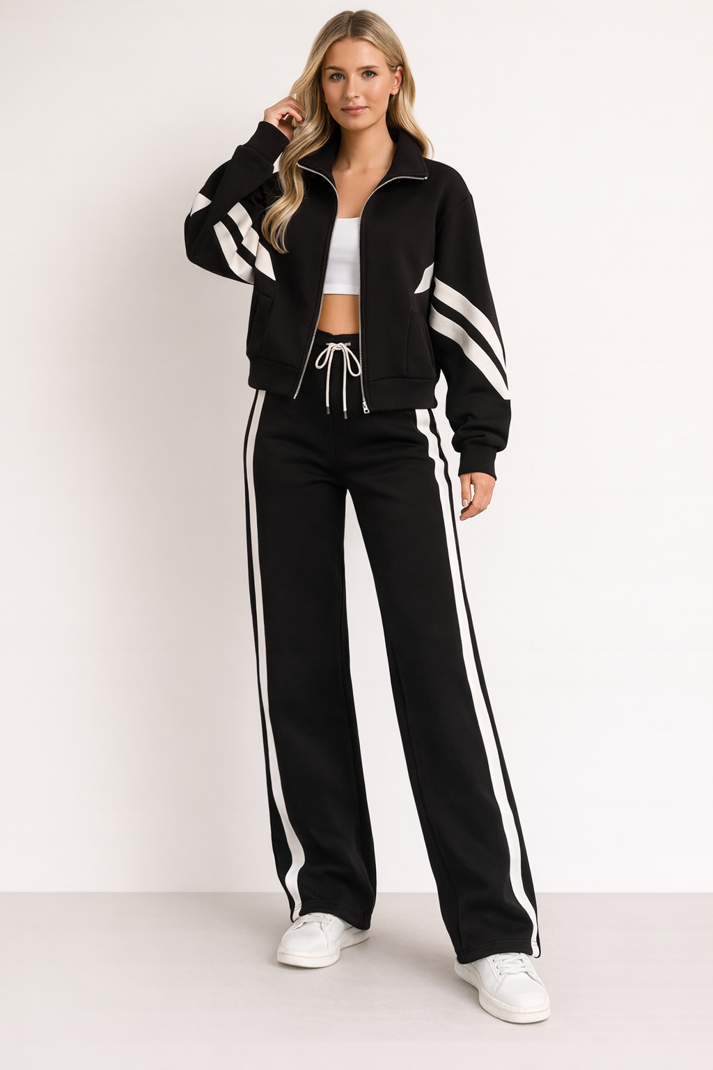 Dames Jogging Suit met Cropped Zip Jacket en Zijstrepen en Wide-Leg Broek Zwart